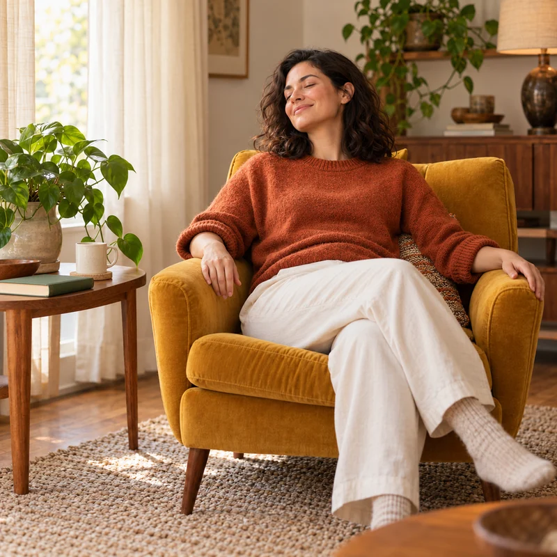 A woman leaning back with her eyes softly closed, resting in a mustard armchair in a sunlit living room.